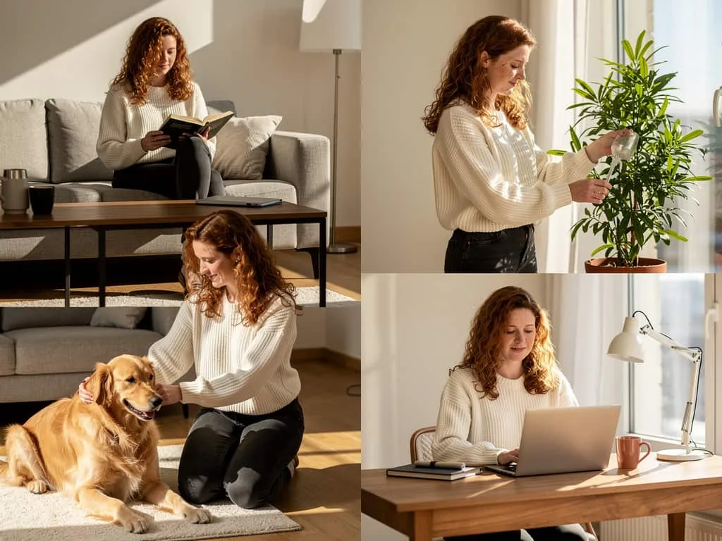 Ultra-realistic commercial lifestyle photograph showing the SAME woman appearing four times within one continuous modern apartment scene.