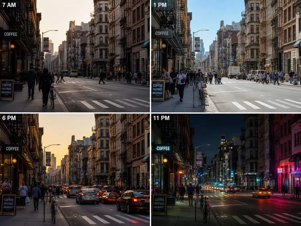 the same city street at four different times.
