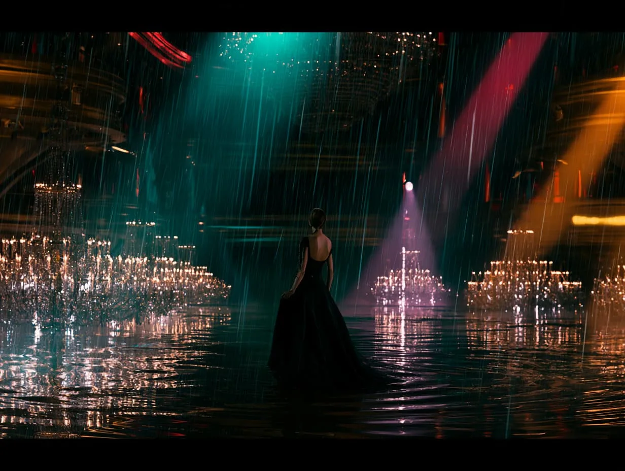A mysterious woman in a black couture dress
