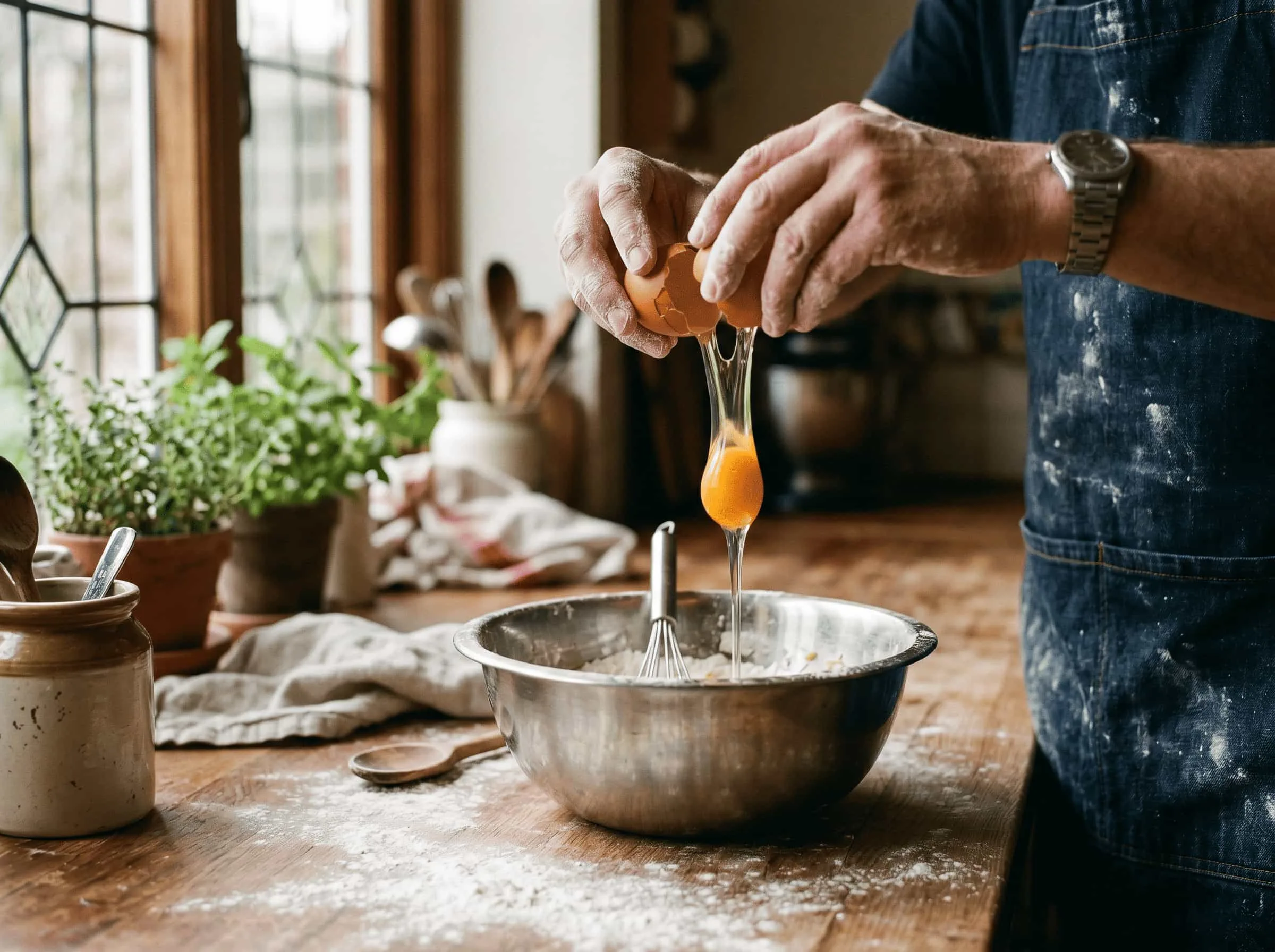 Chef's hand cracking a brown egg into a steel bowl