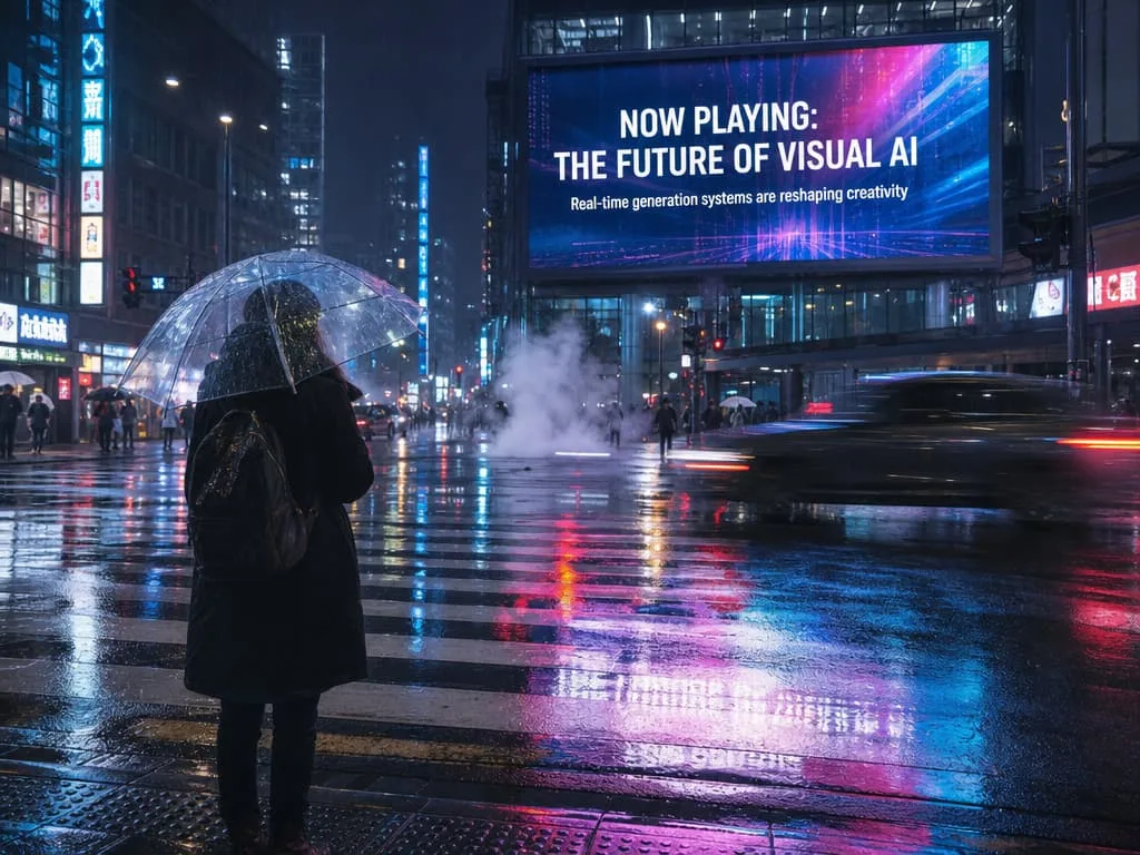 A cinematic street photography scene during heavy rain in a futuristic city