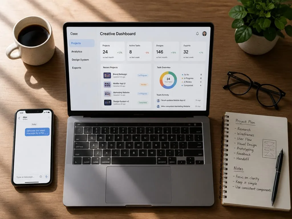 A realistic top-down workspace scene for a modern creative professional